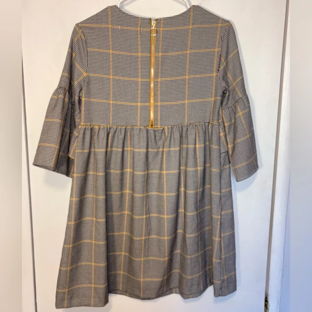 Zara Girls Houndstooth Checked Plaid Bell‎ Sleeve Dress Size 13/14 Mustard/Grey